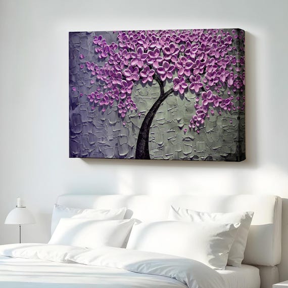 Pink Flower Tree Oil Painting Look Decorative Canvas Wall Art Abstract Print Framed Large