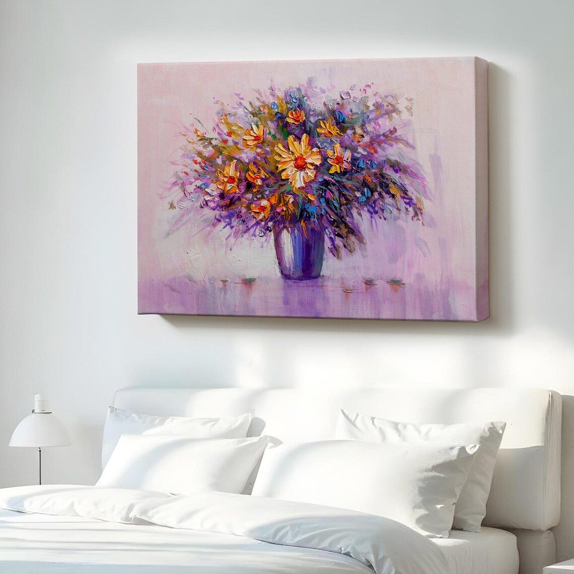 Wildflower Bouquet Blue Vase Impressionist Oil Painting Pink Floral Print