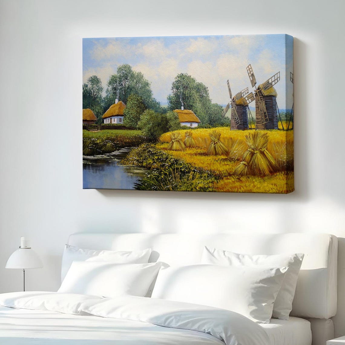 Ukrainian Village Windmills Wheat Fields River Oil Painting Poster