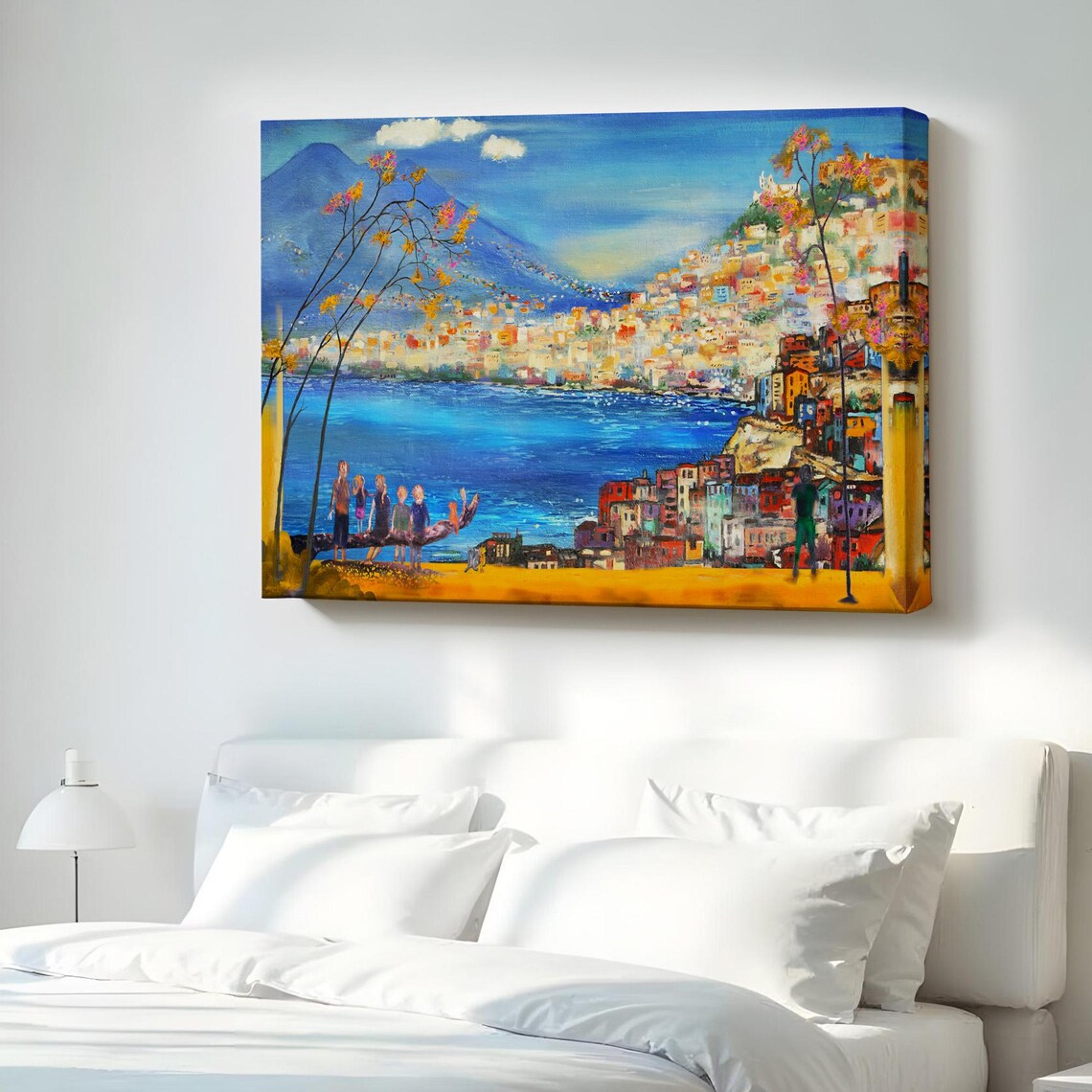 Colorful Coastal Town Hillside Mediterranean Sea Oil Painting Poster