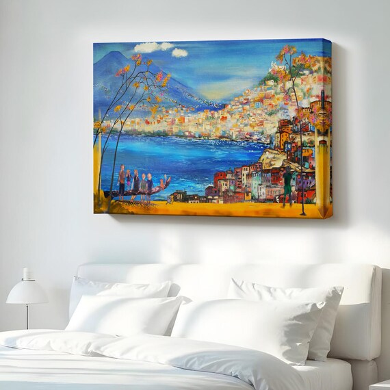 Colorful Coastal Town Hillside Mediterranean Sea Oil Painting Poster