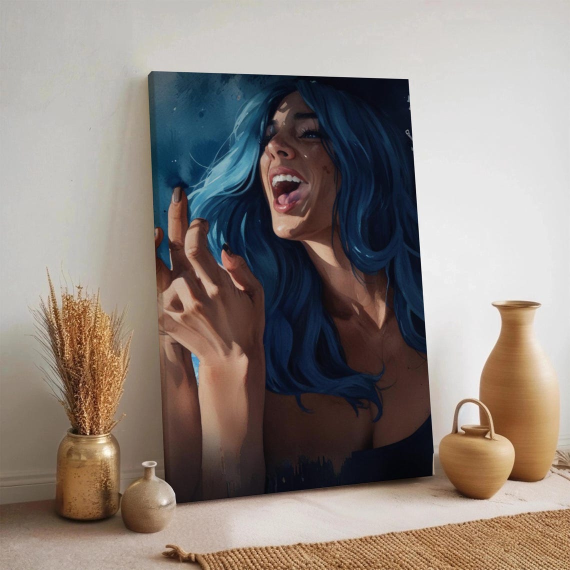 Joyful Blue Hair Woman Expressive Modern Portrait Art Poster