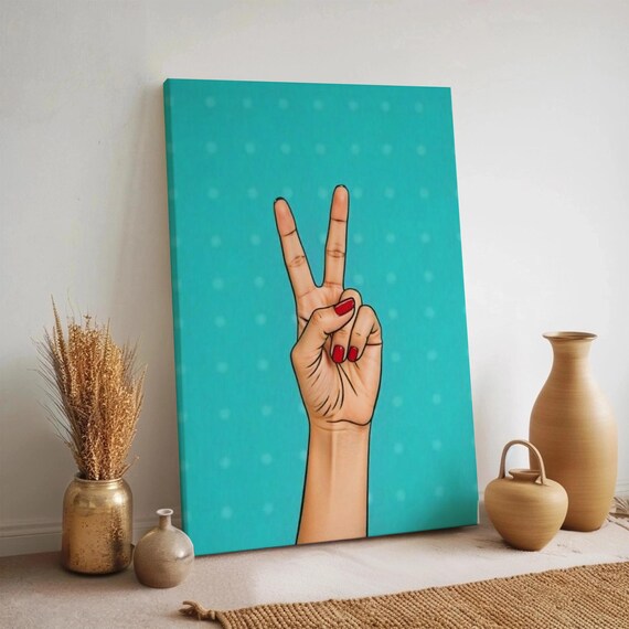 Peace Sign Hand Poster Pop Art Teal Victory Gesture Retro Funky Wall Decor