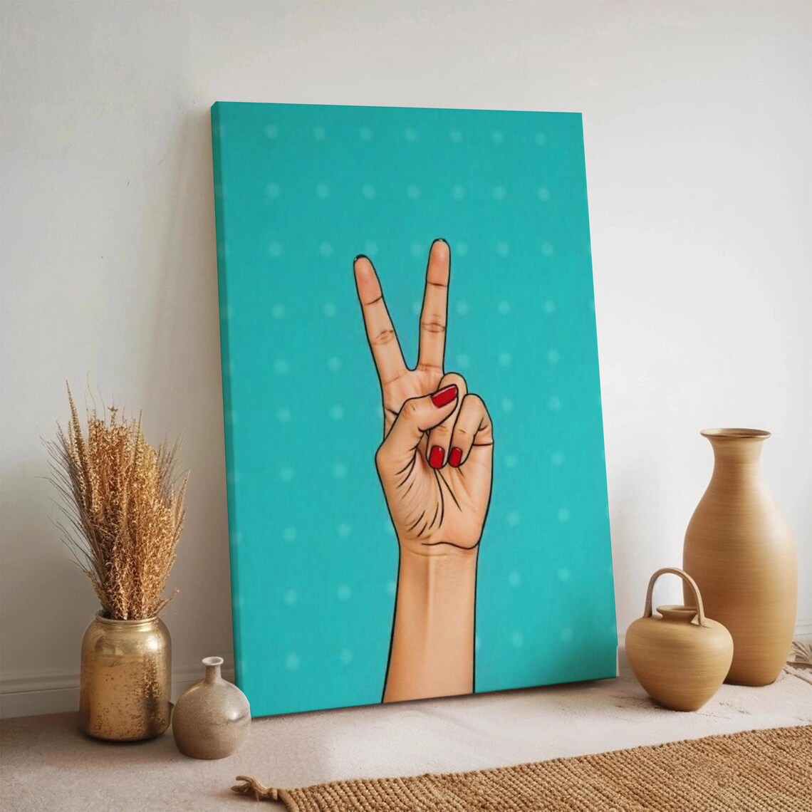 Peace Sign Hand Poster Pop Art Teal Victory Gesture Retro Funky Wall Decor