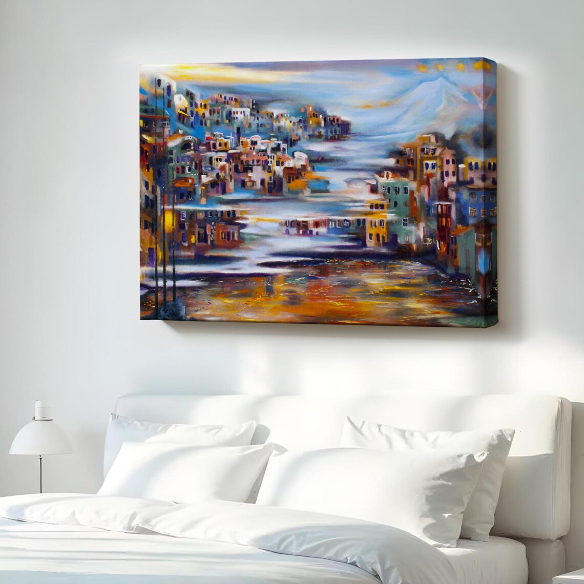 Colorful Coastal Village At Foot Of Volcano Mountain Landscape Poster