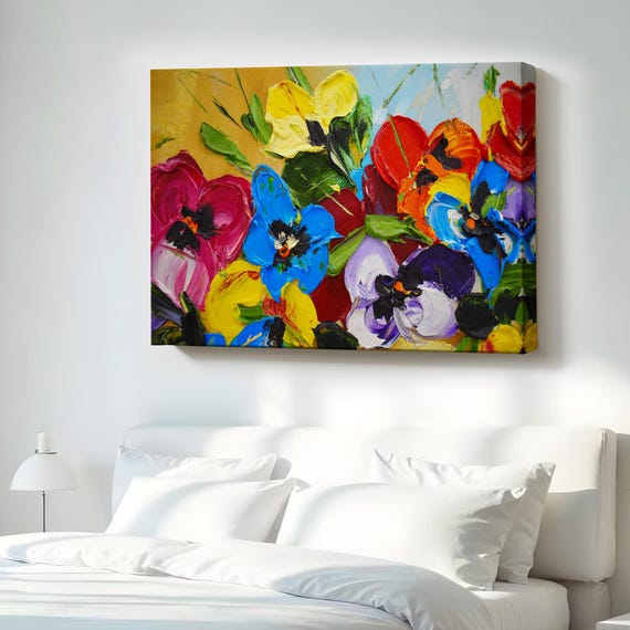 Colorful Flowers Oil Painting Look Decorative Canvas Wall Art Abstract Print Large