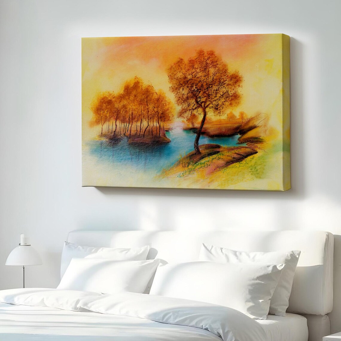 Golden Autumn Trees By A Quiet River Watercolor Landscape Painting Poster
