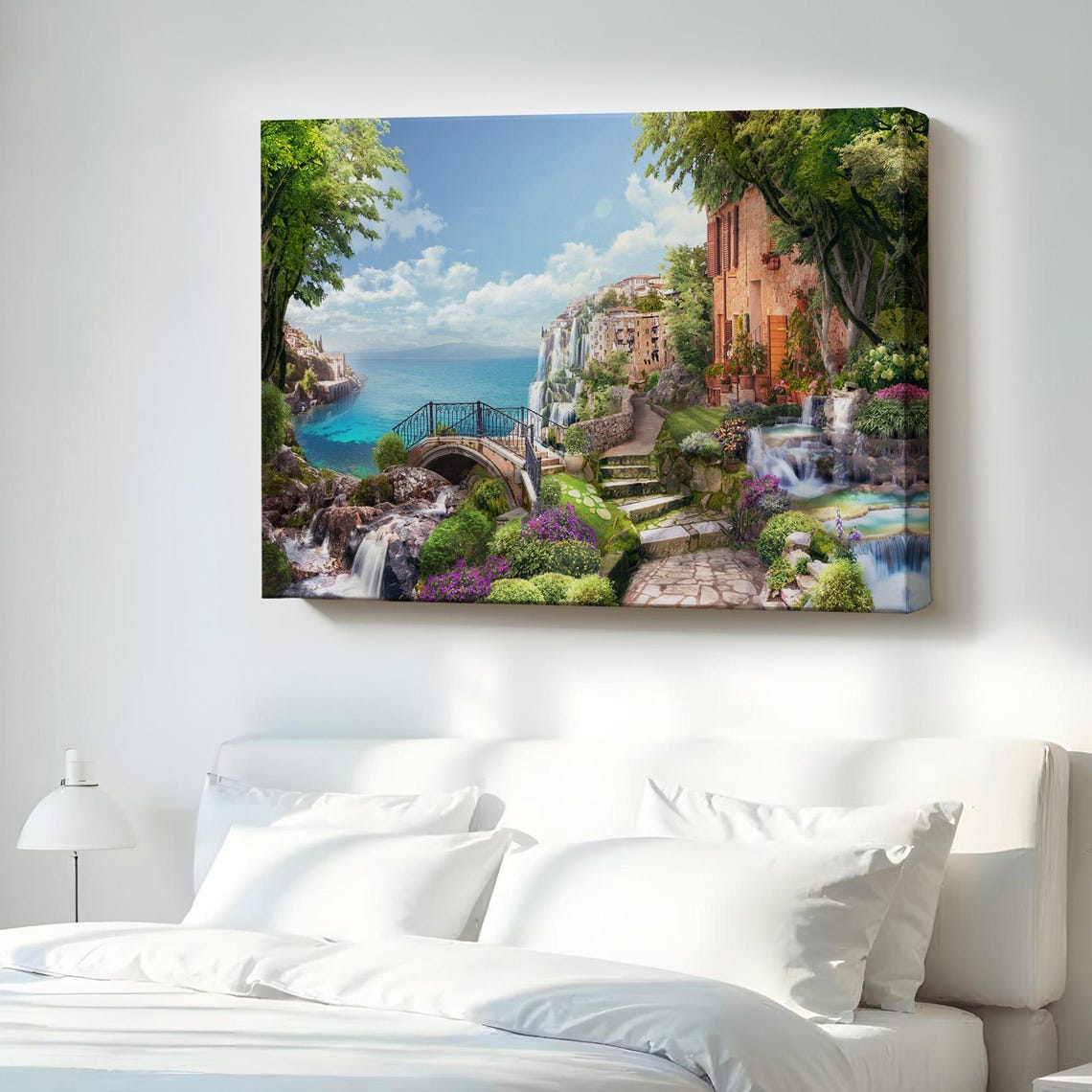 Italian Coastal Village Waterfall Bridge Vibrant Canvas Art Poster