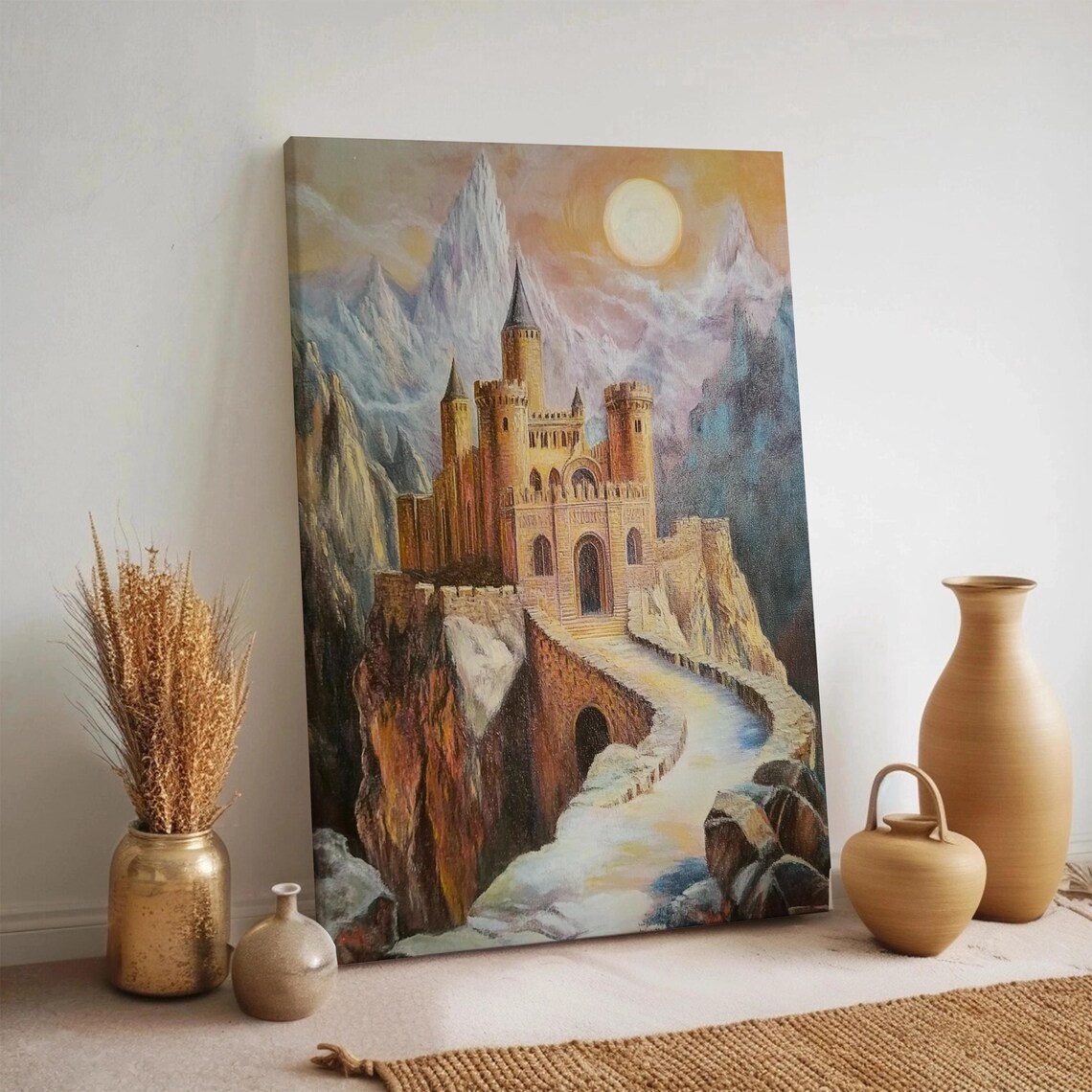 Fantasy Castle in Snowy Mountains Under Moon Mystical Fairytale Painting Poster