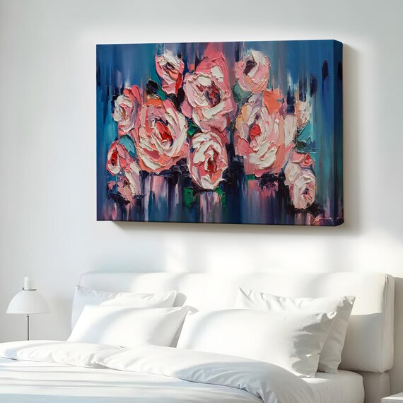 Pink Peony Roses Impasto Oil Painting Blue Background Floral Poster