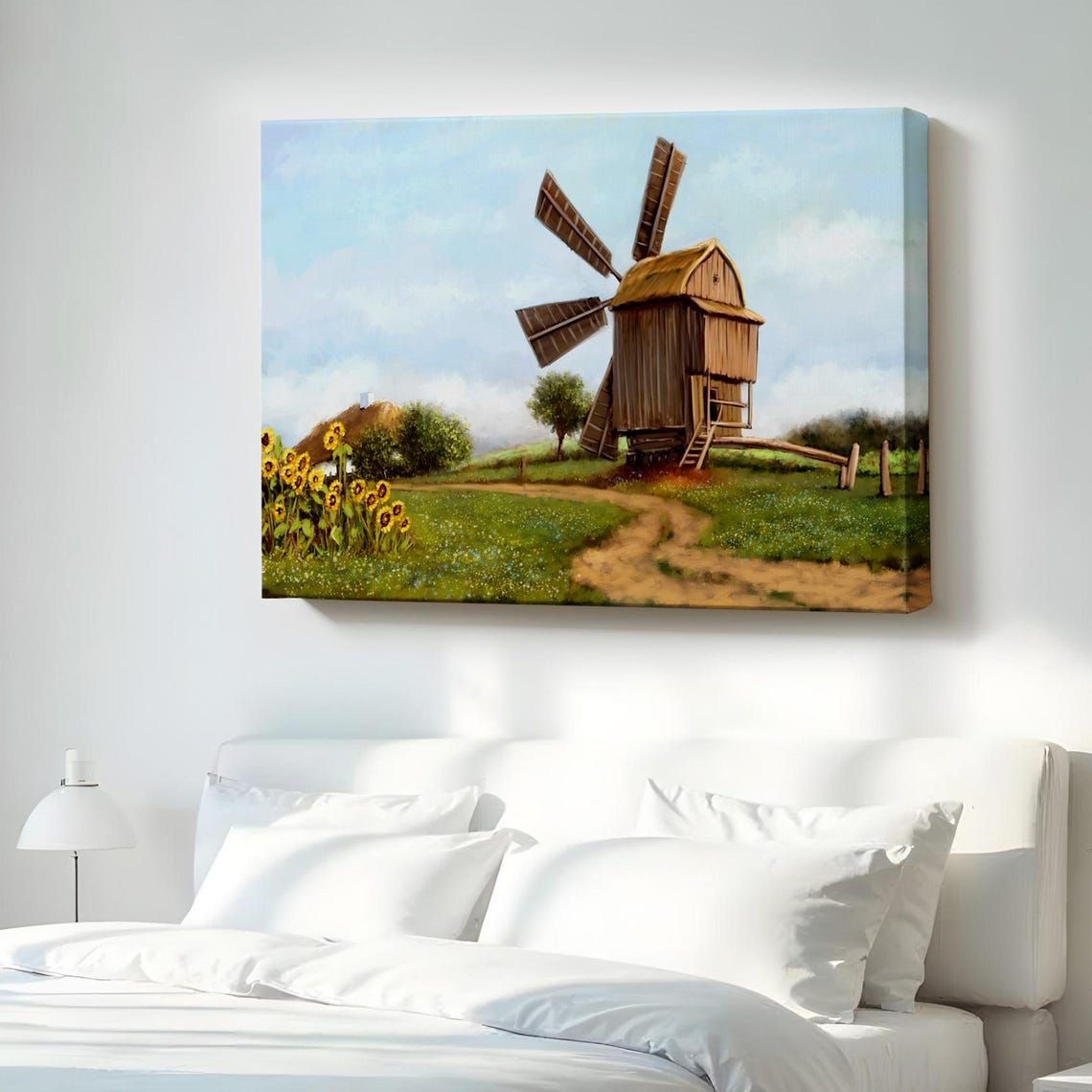 Countryside Windmill Sunflower Field Rustic Oil Canvas Print