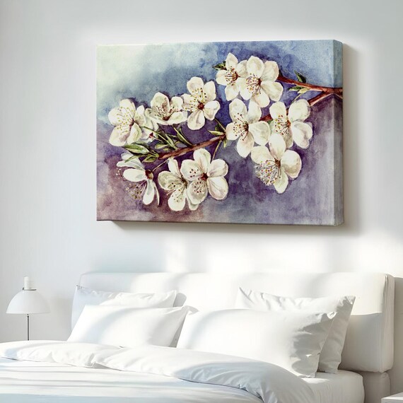 White Plum Blossoms Watercolor Branch Canvas Print on Moody Blue Wash