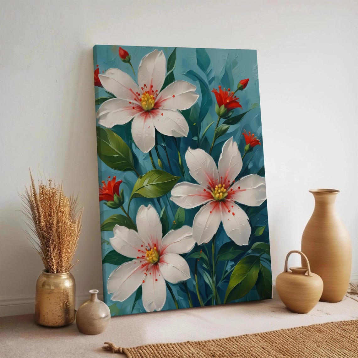 White Red Floral Impasto Botanical Flower Garden Canvas Wall Art