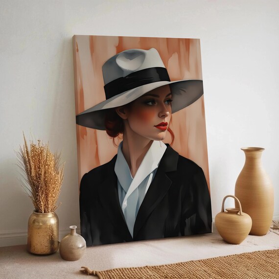 Elegant Woman Retro Hat Portrait Modern Fashion Illustration Art Poster