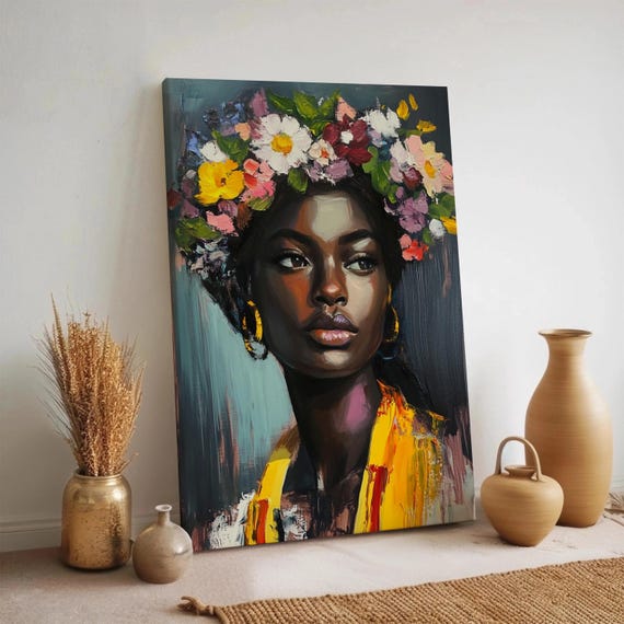 Floral Crown African Woman Canvas Bold Colorful Portrait Painting Framed Empowering Female Print For Living Room Gallery Or Studio Decor