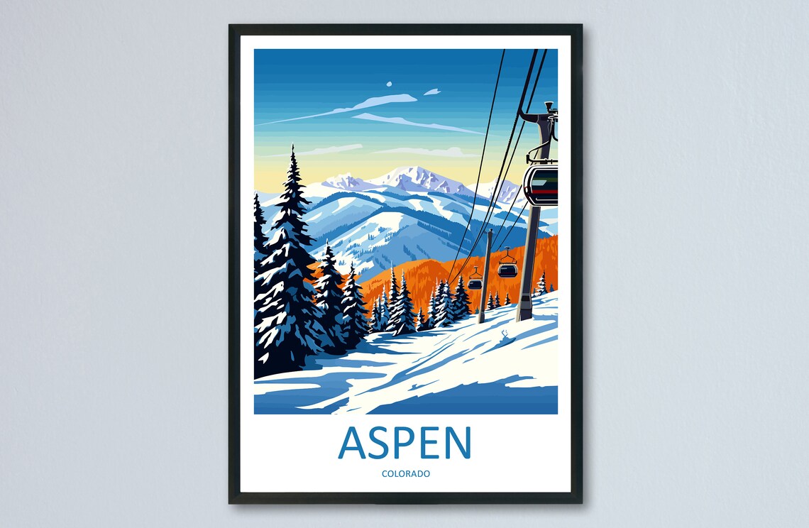 Aspen Colorado Gondola Snowy Peak Ski Resort Travel Poster USA