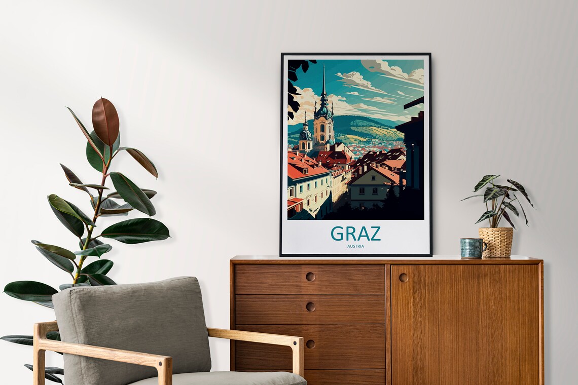 Graz Austria Old Town Rooftops Church Spire Vintage Travel Poster - Image 2