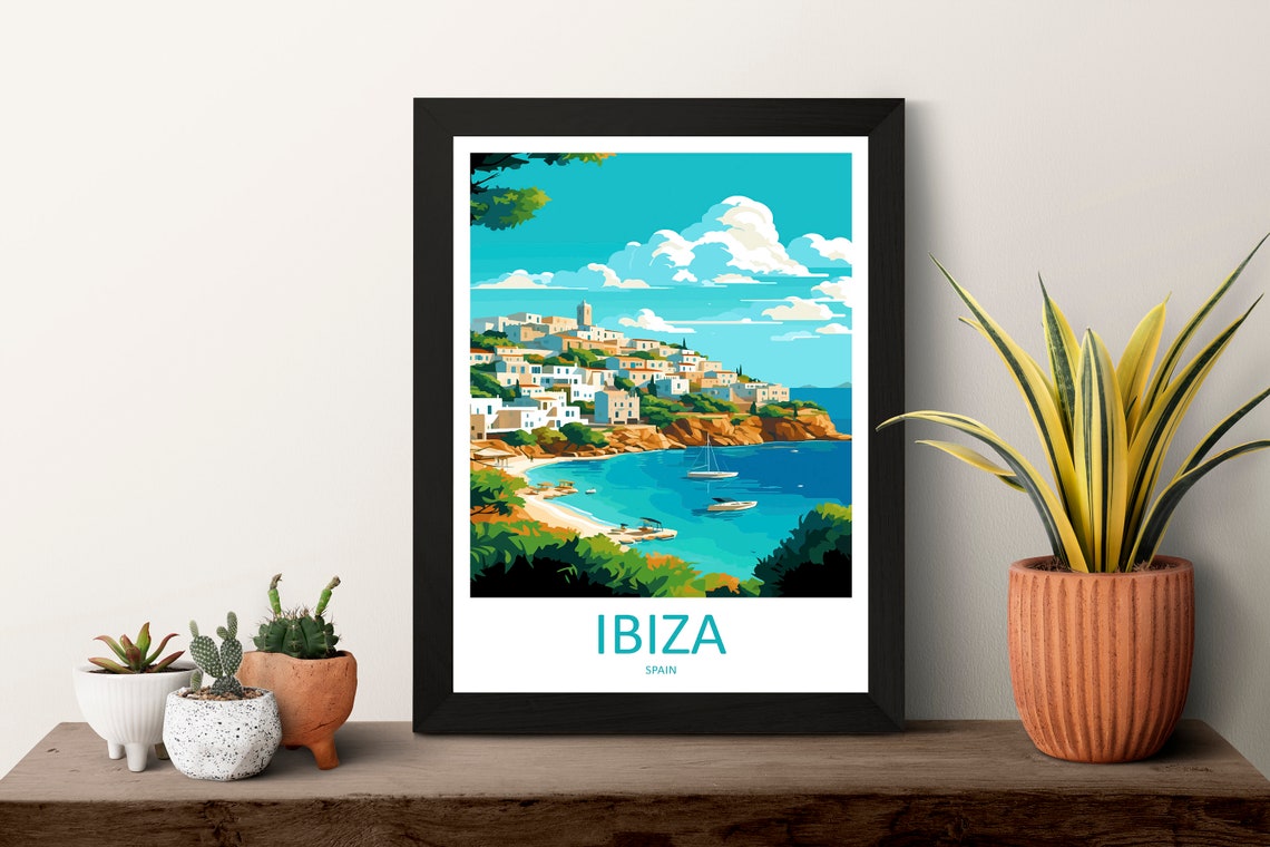 Ibiza Spain Whitewashed Hillside Bay Boats Seaside Travel Poster - Image 3