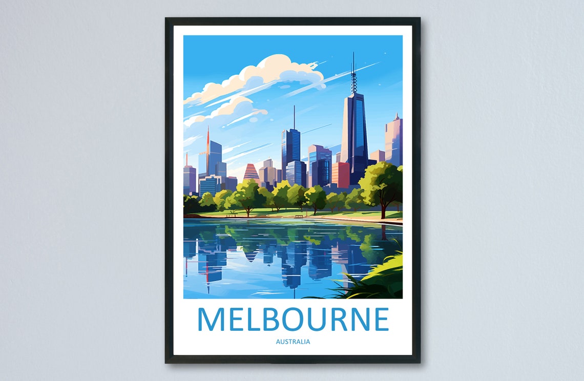 Melbourne Australia City Skyline River Reflection Travel Poster