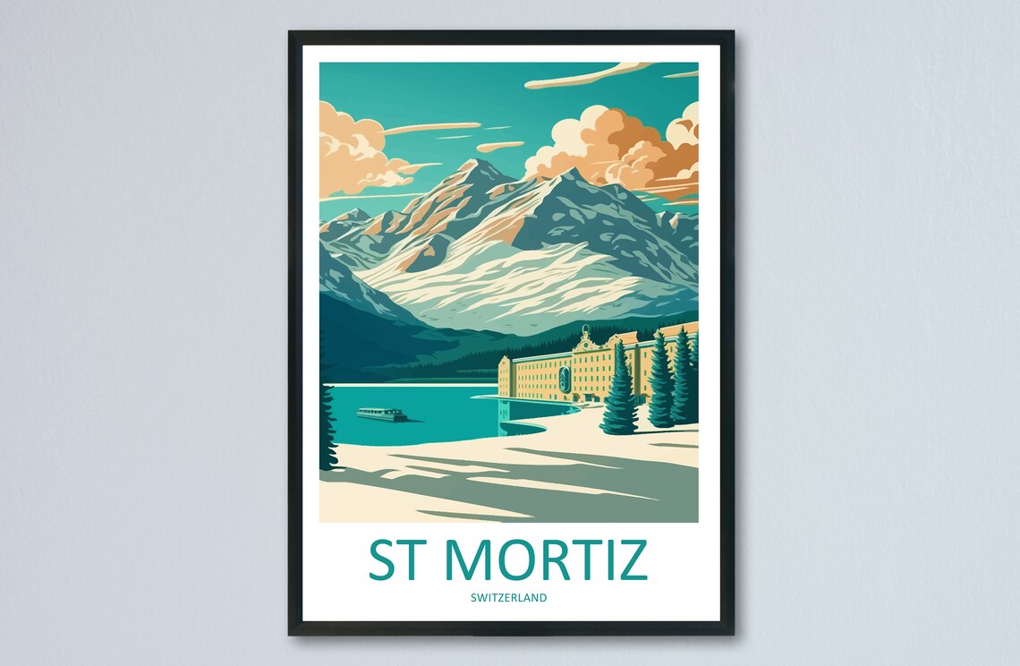 St Mortiz Switzerland Mountain Lake Sunset Hotel Travel Poster