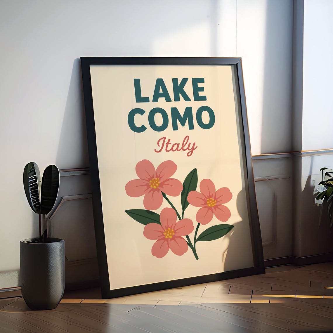 Lake Como Italy Pink Blossom Floral Garden Retro Vintage Travel Poster