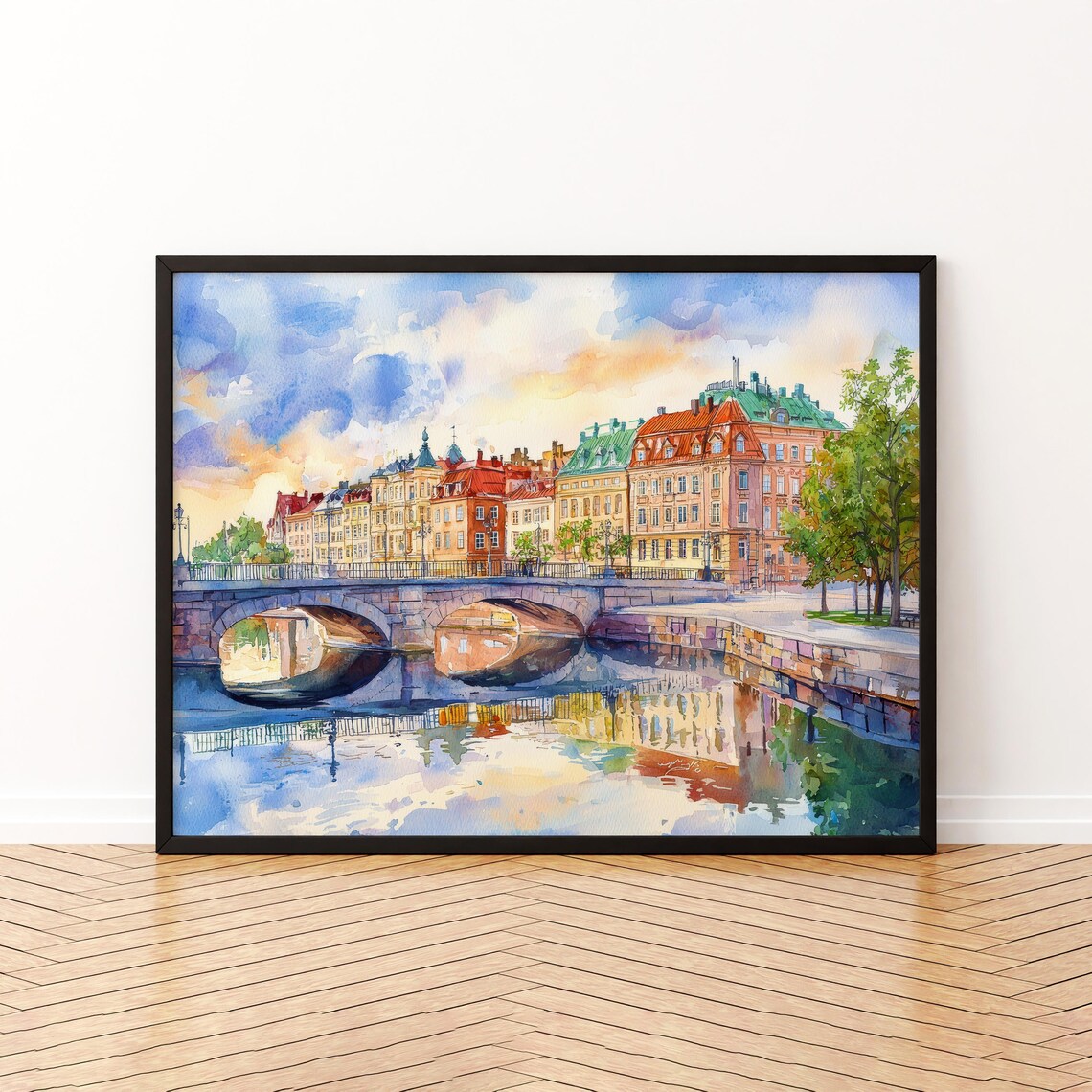 Gothenburg Sweden Watercolor Travel Poster, Harbor View