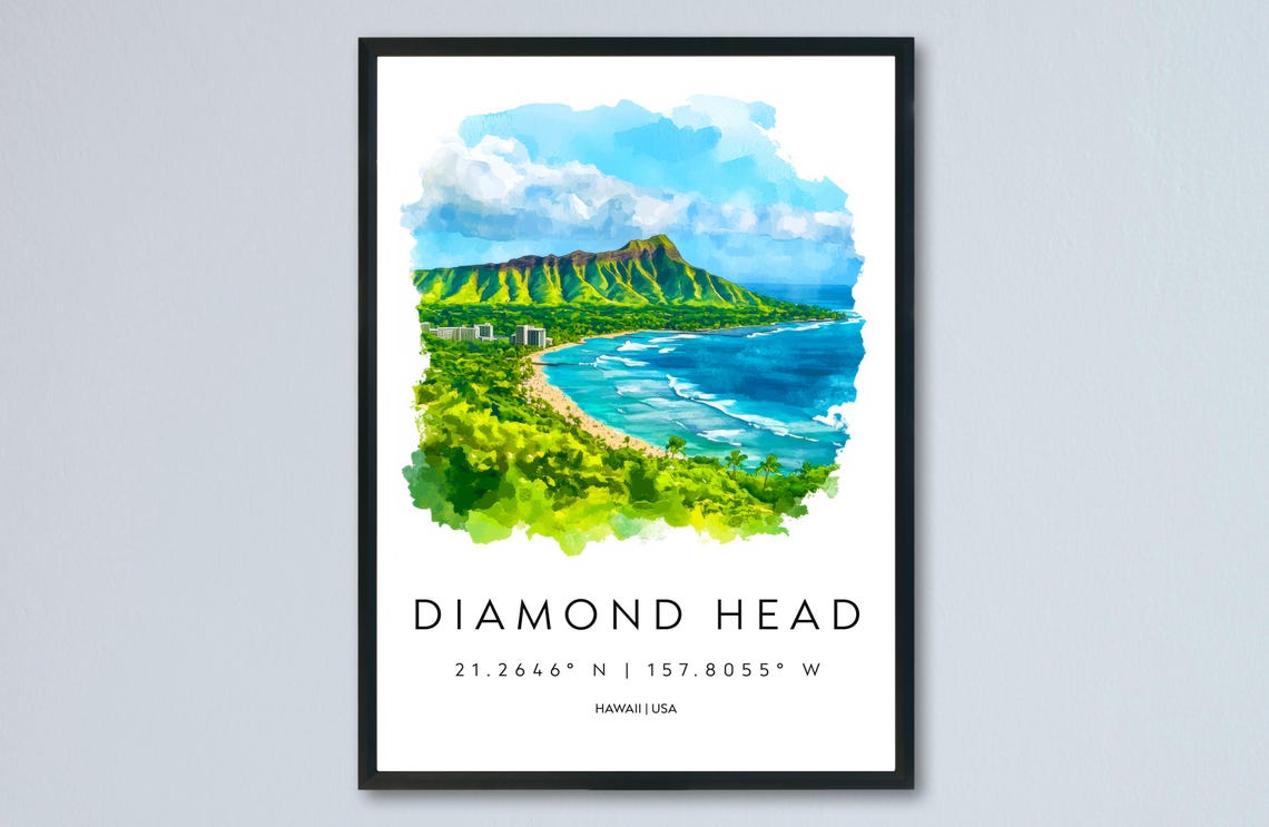 Iconic Diamond Head Hawaii Crater Coast Watercolor Travel Poster