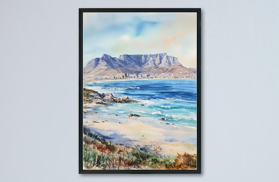 Cape Town Table Mountain Beach South Africa Watercolor Art Poster