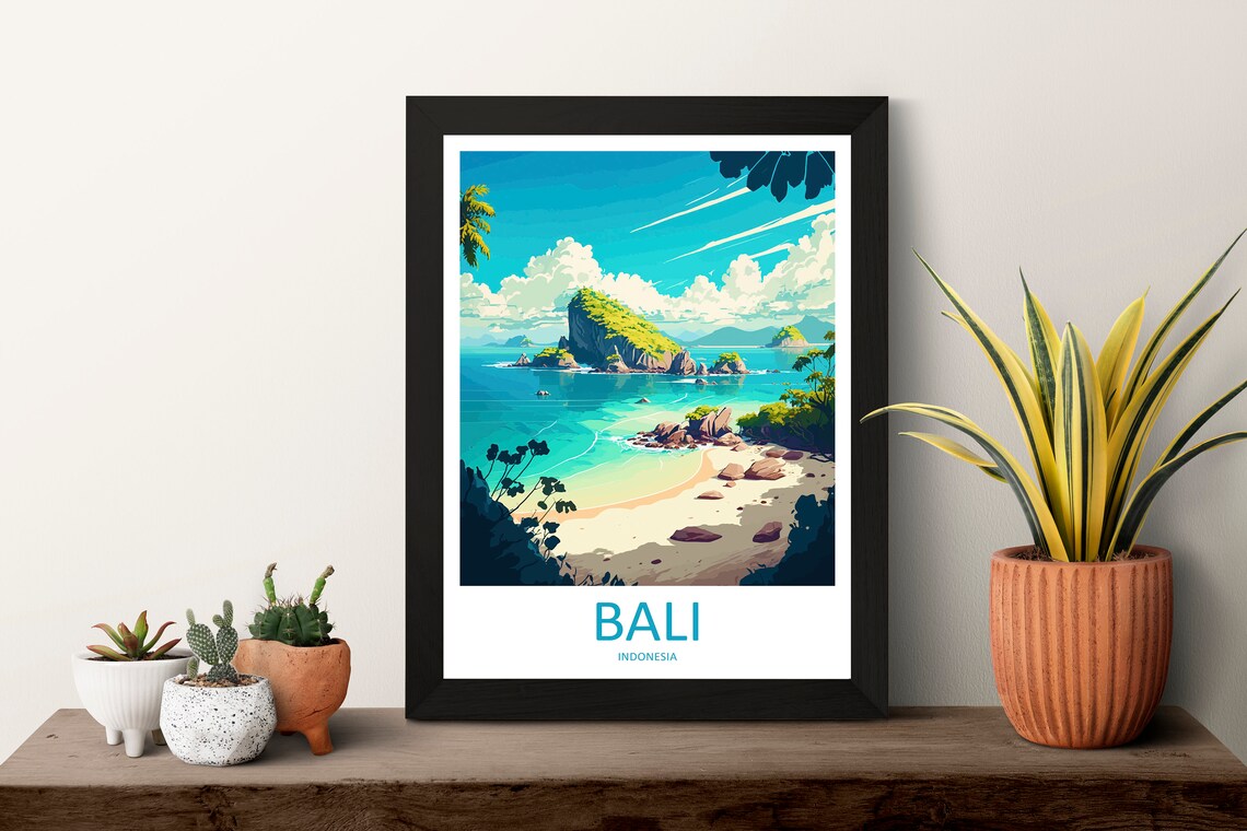 Bali Indonesia Tropical Island Cove Illustrated Travel Poster - Image 3
