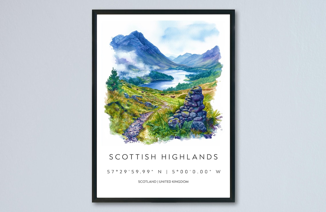 Scottish Highlands Mountain Loch With Stone Cairn Watercolor Poster