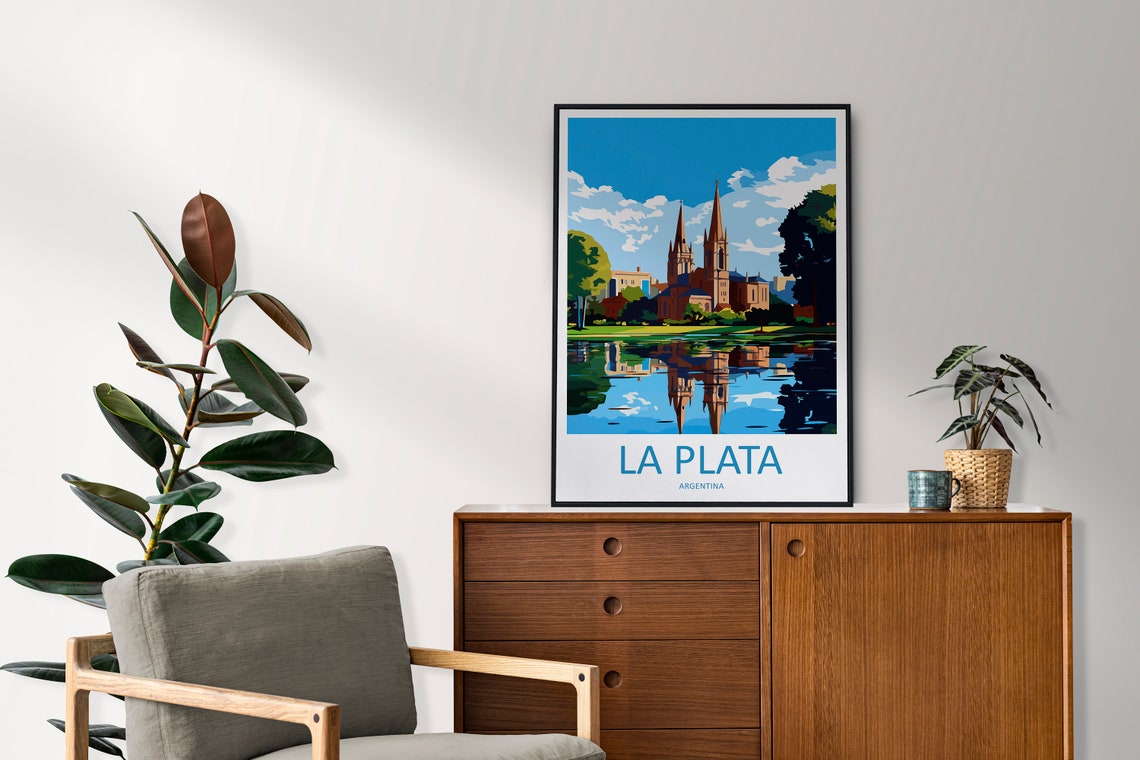 La Plata Argentina Cathedral Twin Spires Lake Reflection Travel Poster - Image 2