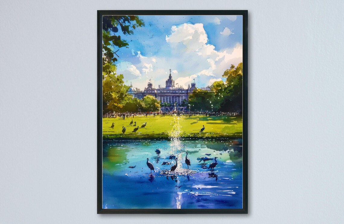 St James's Park Lake Fountain London Birds Watercolor Poster