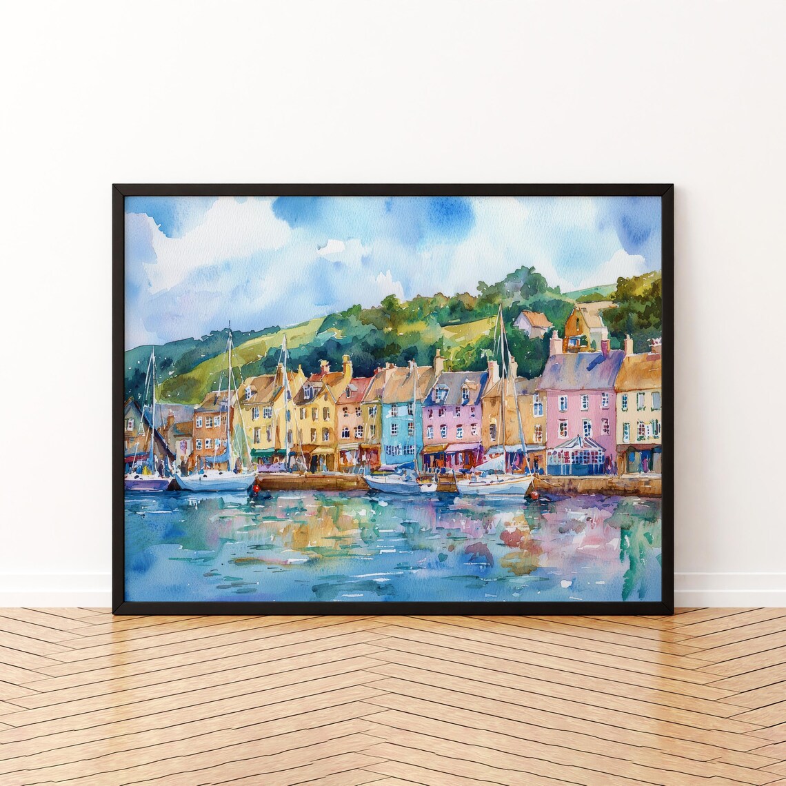 Dartmouth Harbour Colorful Waterfront Sailboats Watercolor Poster