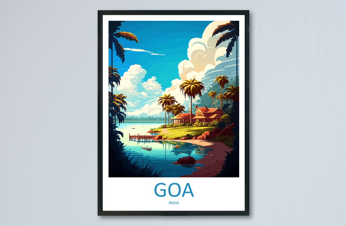 Goa India Tropical Palm Coast Travel Poster Pier Village Scene