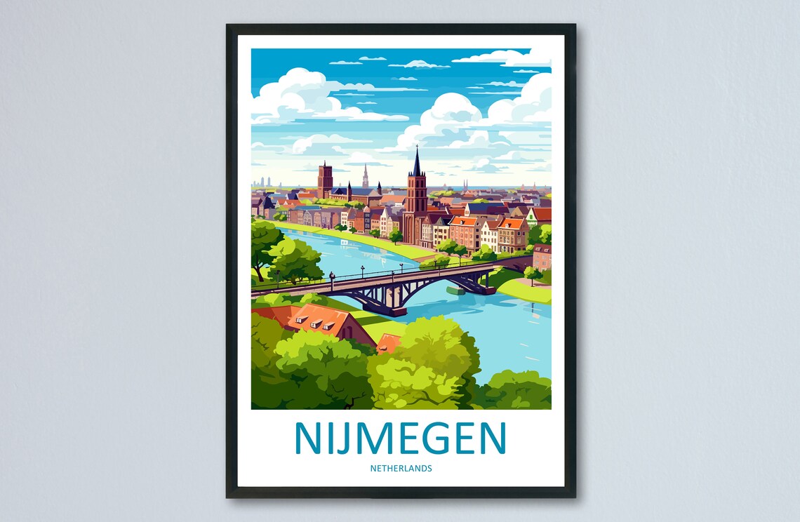 Nijmegen Netherlands Bridge River City Skyline Travel Poster