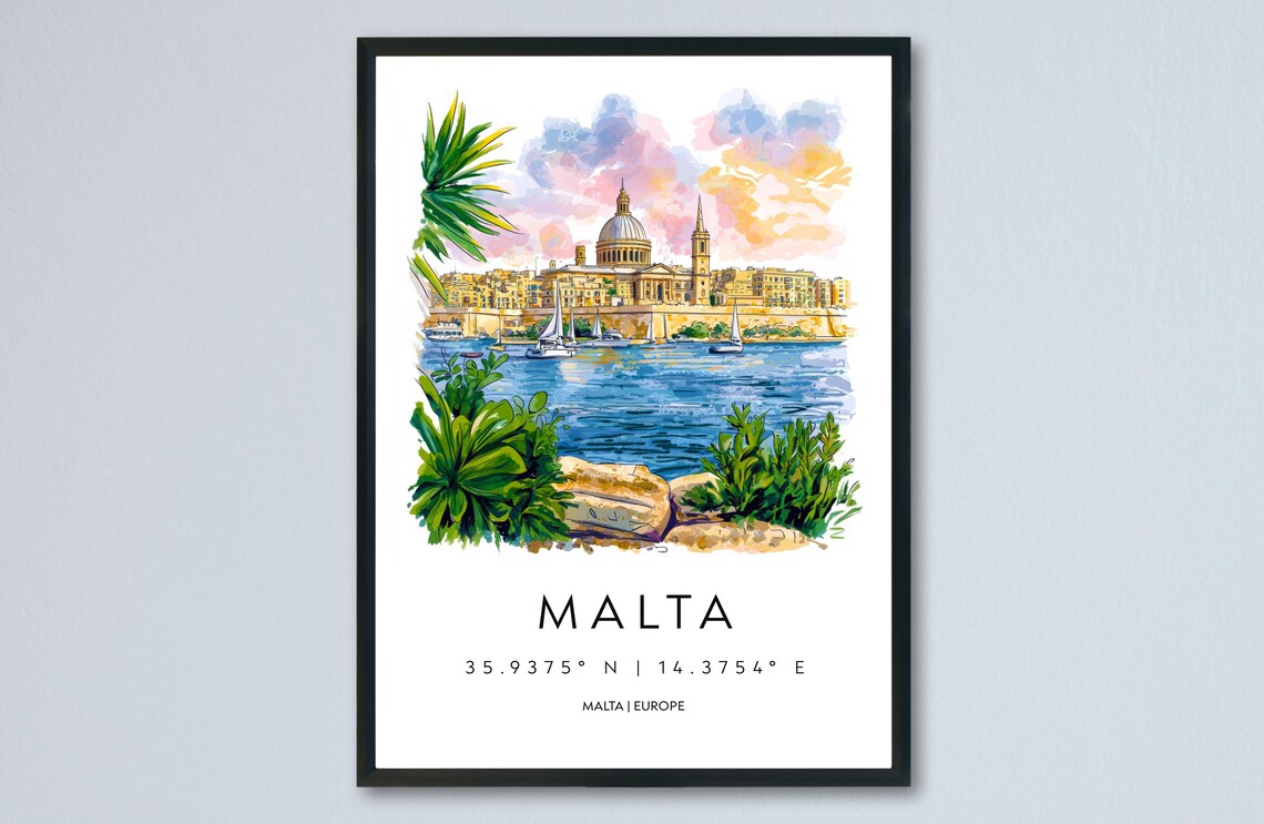 Malta Valletta Harbor Sunset Watercolor Travel Illustration Poster
