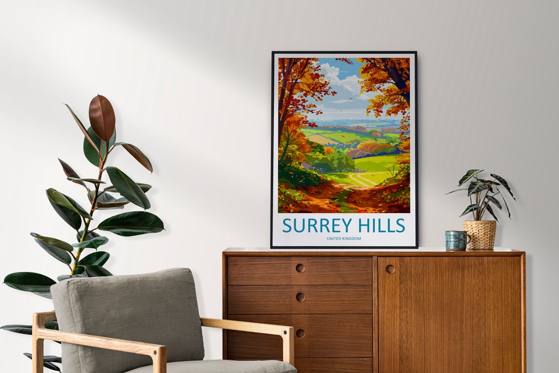 Surrey Hills England Travel Poster with an Autumn Valley Panorama View - Image 2