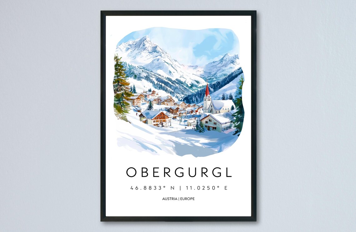 Obergurgl Austria Alpine Ski Village Church Watercolor Poster