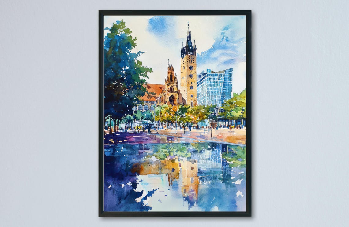 Gothic Church Tower City Square Charming Germany Watercolor Poster