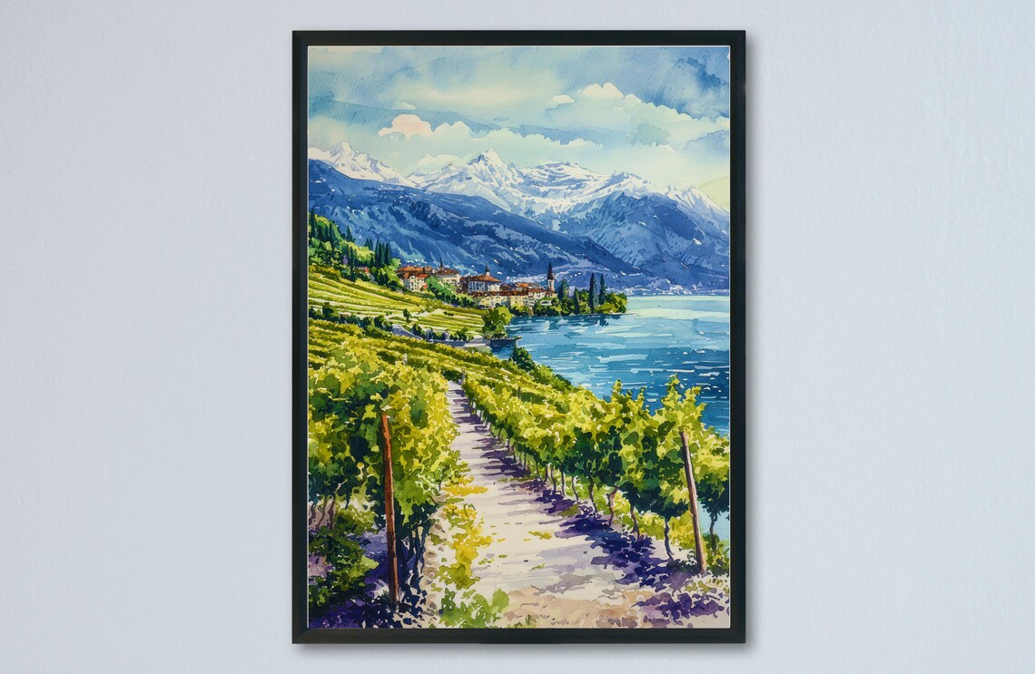 Montreux Vineyard Lake Geneva Alpine Watercolor Travel Poster