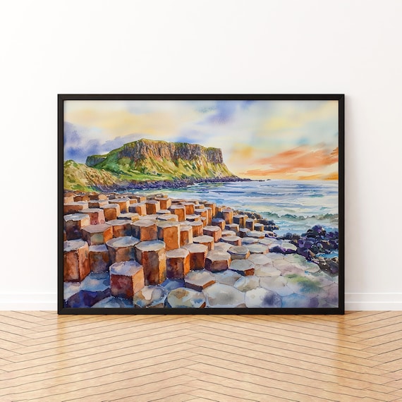 Giants Causeway Hexagonal Basalt Columns Coastal Sunset Watercolor Poster
