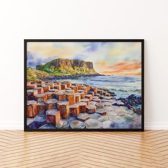 Giants Causeway Watercolor Poster Wall Art Hanging Home Dcor Gift Lovers Ireland
