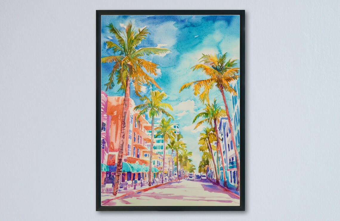 Miami Ocean Drive Palm Trees Art Deco Buildings Watercolor Poster