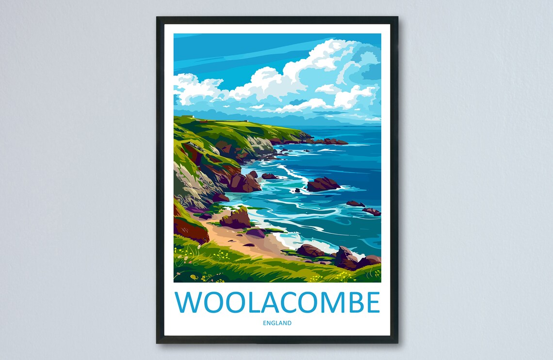 Woolacombe England Rocky Cove Secret Beach Surf View Travel Poster