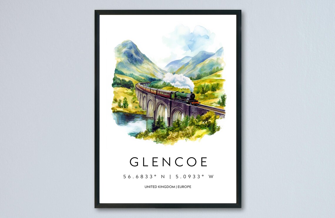 Glencoe Highlands Steam Train Viaduct Watercolor Travel Poster