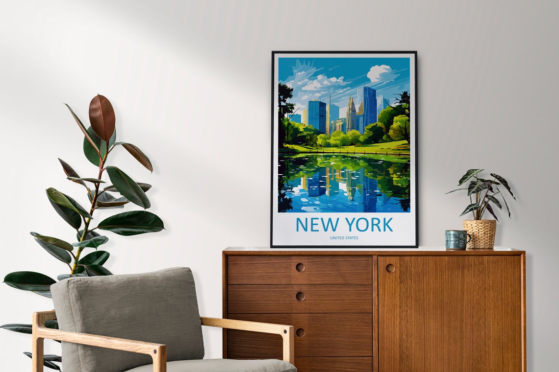 New York City Park Lake Reflections Skyline Pond Scene Travel Poster - Image 2
