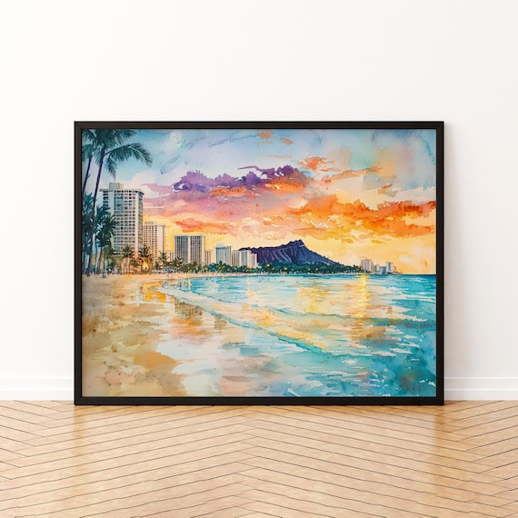 Waikiki Beach Watercolor Travel Poster