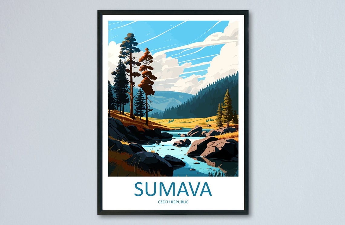 Sumava Czech Republic Rocky River Pine Forest Stream Travel Poster