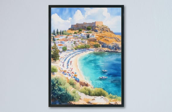 Rhodes Watercolor Travel Poster, Greece Old Town