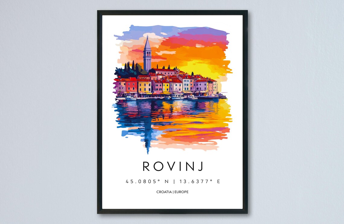 Rovinj Sunset Church Tower Croatia Scenic Watercolor Travel Poster